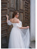 Off Shoulder Ivory Lace Tulle Slit Modern Wedding Dress
